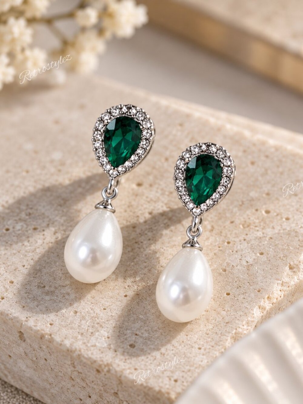 2ct Green Emerald Womens 925 Silver 1ct Diamond Hanging Drop Pearl Earrings NEW